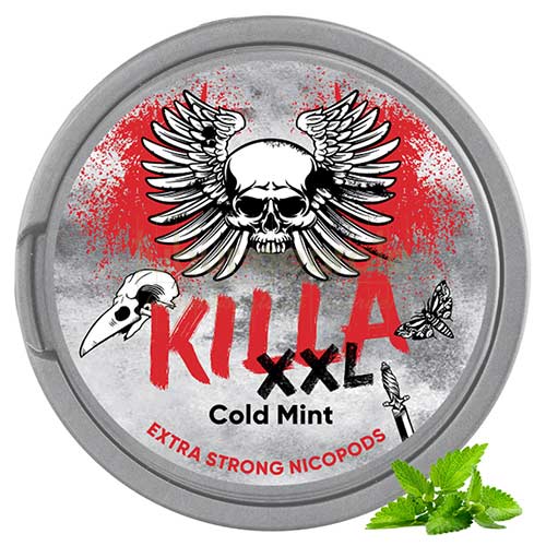 Cutie din plastic cu 30 de pliculete cu nicotina 16 mg/g aroma de menta racoritoare de vanzare Killa XXL Cold Mint Extra Strong